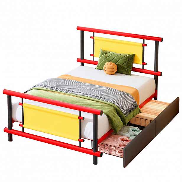 CHICFURN DĚTSKÁ POSTEL 90/200 cm v červené barvě s kovovými zásuvkami