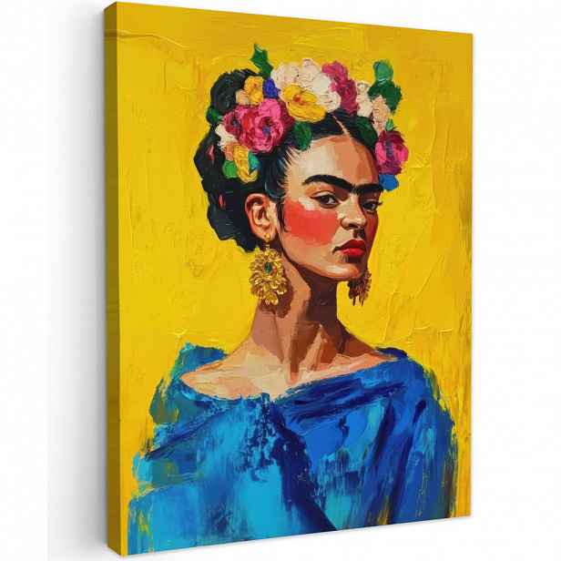 MuchoWow OBRAZ NA PLÁTNĚ Frida Kahlo - Žena - Žlutá - Modrá - Květiny 60x80 cm