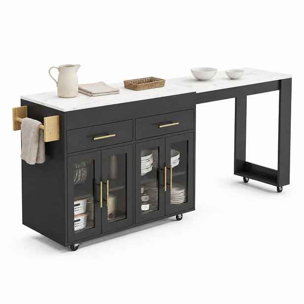 STILVORA KUCHYŇSKÝ OSTROV v bílé a černé barvě s kolečky a rozkládací deskou do jídelny, Š132,5–217/H50/V93 cm