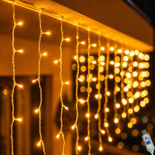 TEMU USB napájená vánoční rampouchová světla, 100/190 LED 7 režimů teplé záře závěsová pohádková světla, IPX4 venkovní závěsná řetězová světla pro
