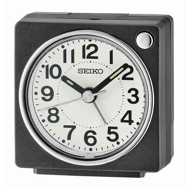 Malý Černý Budík Seiko QHE196K Tichý Mechanismus Podsvícení 6,5 cm