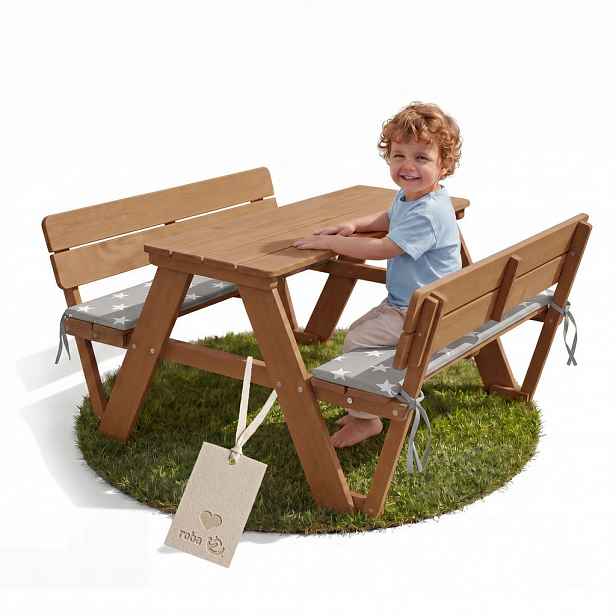 Roba DĚTSKÁ SEDACÍ SOUPRAVA PICKNICK pro 4 Outdoor + teak s opěradlem a polštáři na lavici