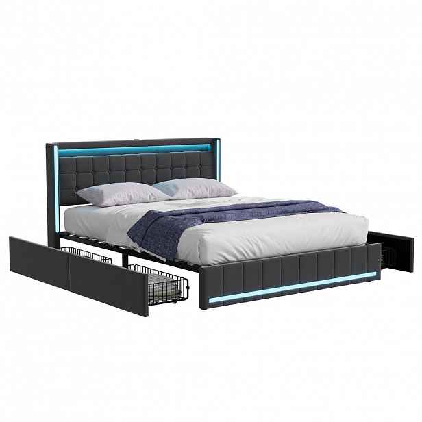 SHOPENTRA MANŽELSKÁ postel 140/190 cm šedá s LED, USB, 4 zásuvkami