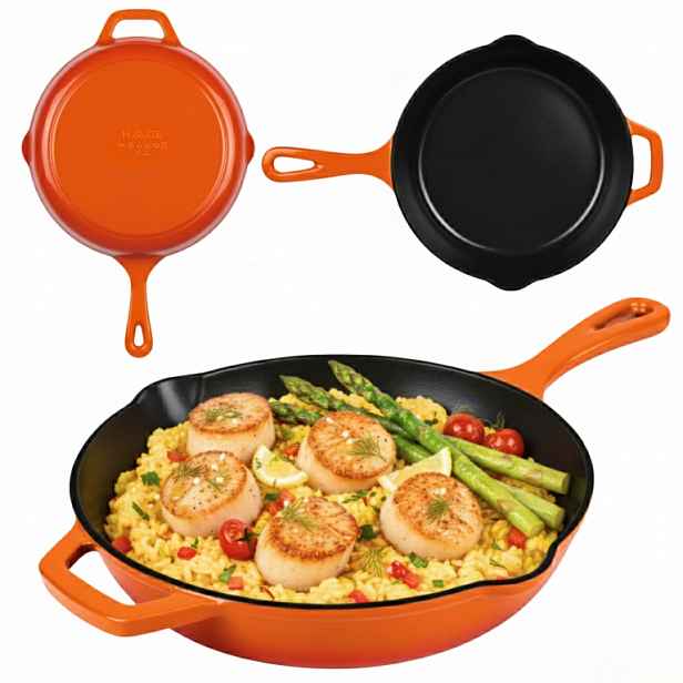 Litinová pánev 26 cm, smaltovaná, plyn/indukce, velká trouba, oranžová barva