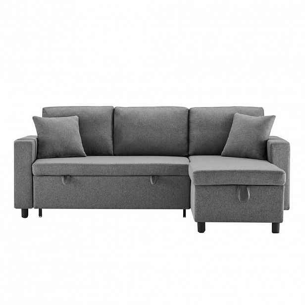 OKWISH ROZKLÁDACÍ pohovka 219,5/142,5/83 cm tmavě šedá z lnu s úložným prostorem a dvěma polštáři