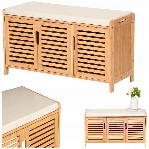 botník se sedákem Béžová Regál se 3 dveřmi 50x90x35 Stojan Bambus