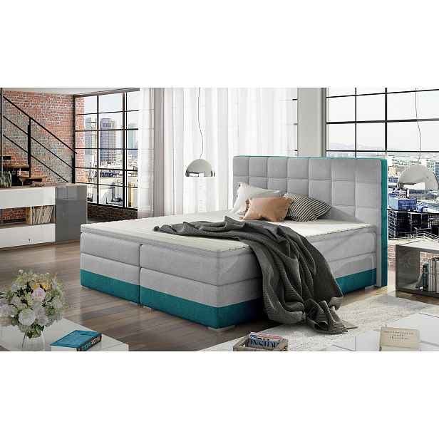 Boxspringová postel s úložným prostorem 160x200 NORELLO - světle šedá / modrá