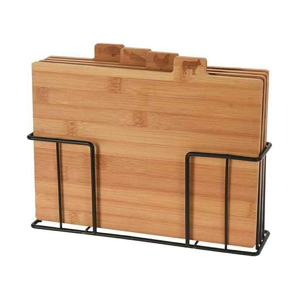 Excellent Houseware Sada 4 ks bambusových prkének na krájení ve stojanu TIMBER hnědá