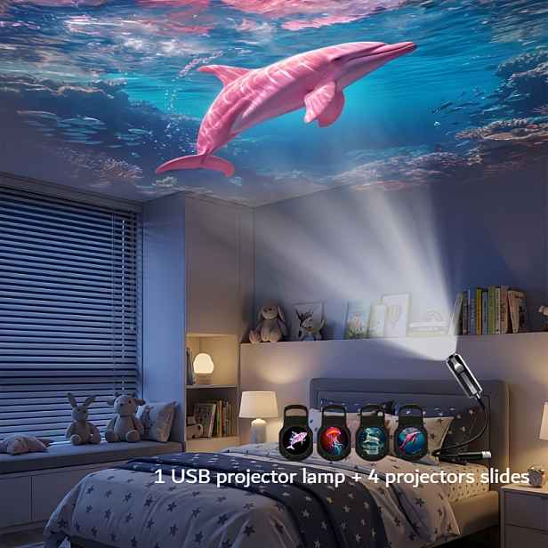 TEMU USB LED projekční světlo s snů, 4 lustry s mořského života lze vyměnit, 360° otočné LED noční světlo, vhodné pro dekoraci pokojů s oceánskou