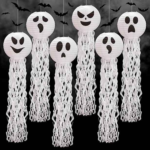 TEMU 6ks Závěsné Ozdoby Halloween Papírové Lampiony Bílé Vtipné Lampiony s Střapcem na Strašidelné Závěsné Dekorace pro Svátky Třídu Narozeniny