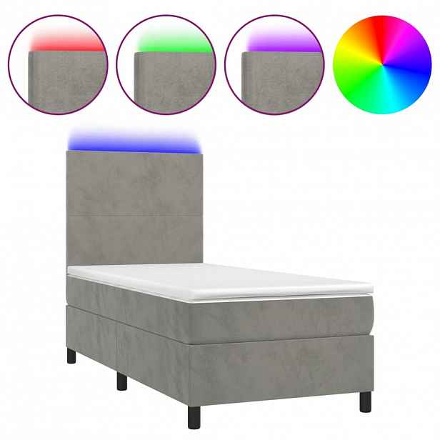 vidaXL Box spring postel s matrací a LED světle šedá 100x200 cm samet