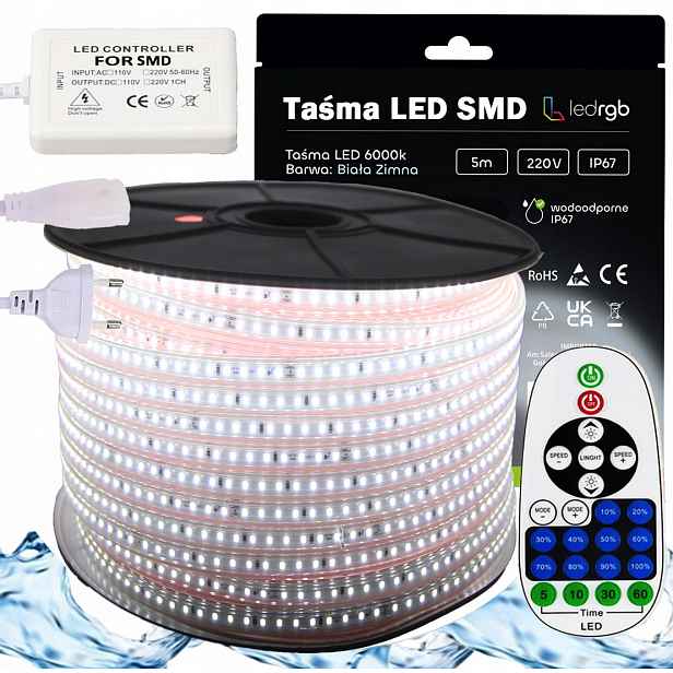 Set Led pásek Smd 230V 5 m 6000K Bílý Studený Stmívač Dálkový Ovladač Ir IP67