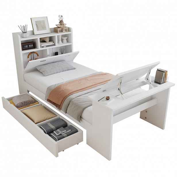 CHICFURN DĚTSKÁ POSTEL 90/200 cm v bílé barvě s úložným prostorem a sklopným stolkem