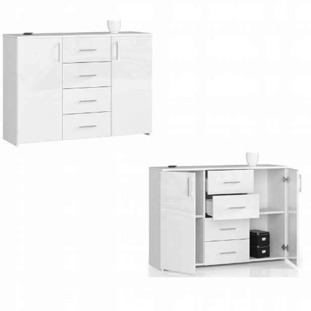 Komoda skříňka K45 110cm 4 zásuvky bílá/bílý lesk Akd