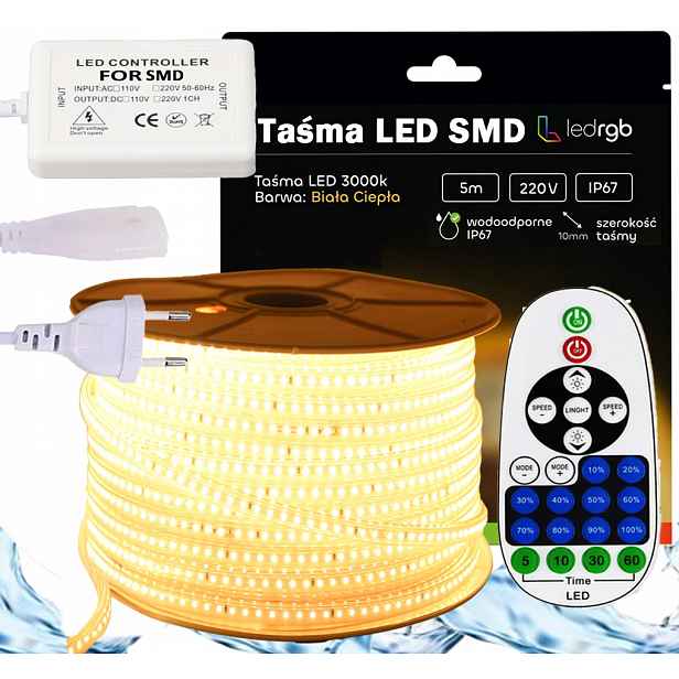 Set Led pásek Smd 230V 5 m 3000K Bílý Teplý Stmívač Dálkový Ovladač Ir IP67