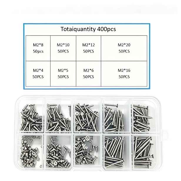 TEMU Sada 400 ks samořezných šroubů do dřeva, M2 Phillips plochá hlava, sada samořezných šroubů do plechu, sada pojistných matic a šroubů