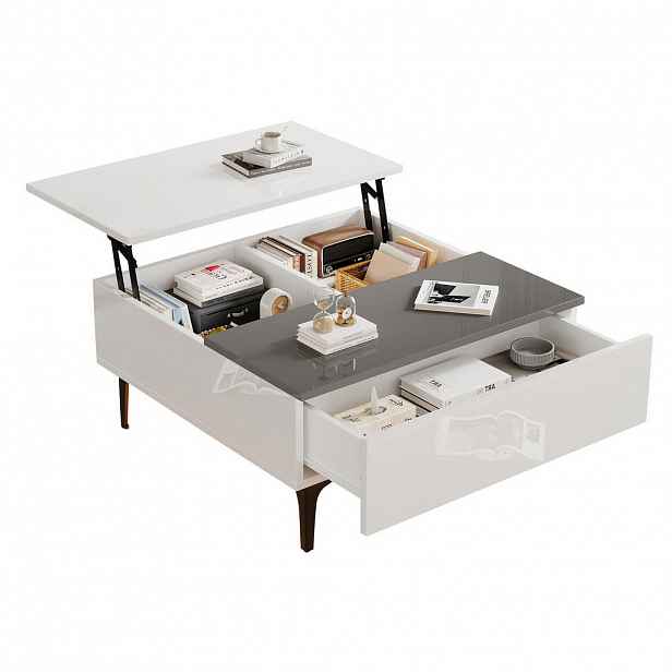 Modfu KONFERENČNÍ stolek z MDF 70x70x35 cm bílo-šedý s výklopnou deskou, LED osvětlením a úložným prostorem