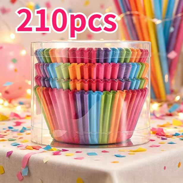 TEMU 210 ks Barevné Jednorázové Kulaté Formičky na Cupcakes, Odolné vůči Vysokým Teplotám a Oleji, Pečicí Muffinové Formičky, Speciální Papírové