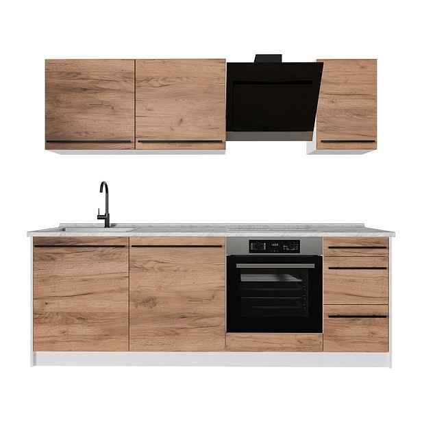 Vicco KUCHYŇSKÝ KOUT R-Line, Zlatý mocný dub/Bílá, 220 cm pracovná doska Mramor