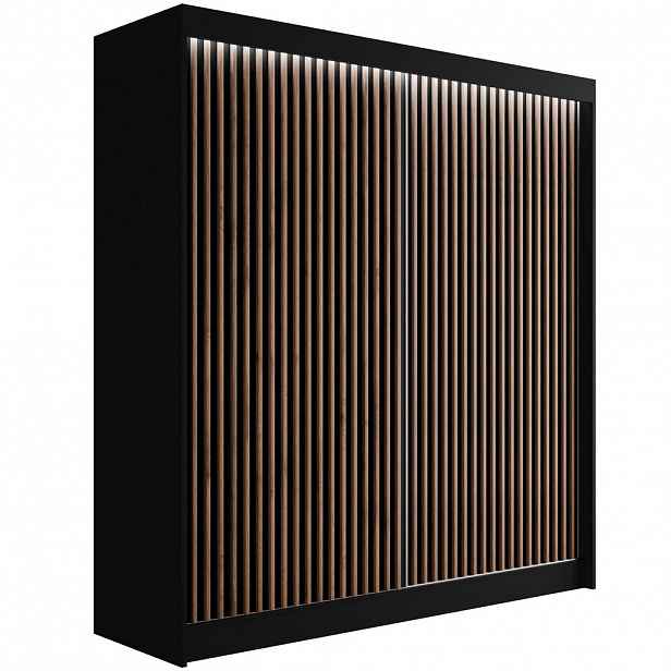 ALTDECOR ŠATNÍ SKŘÍŇ s LED, lamelové posuvné dveře VILANv2 – 200 cm černá + lamely dub wotan