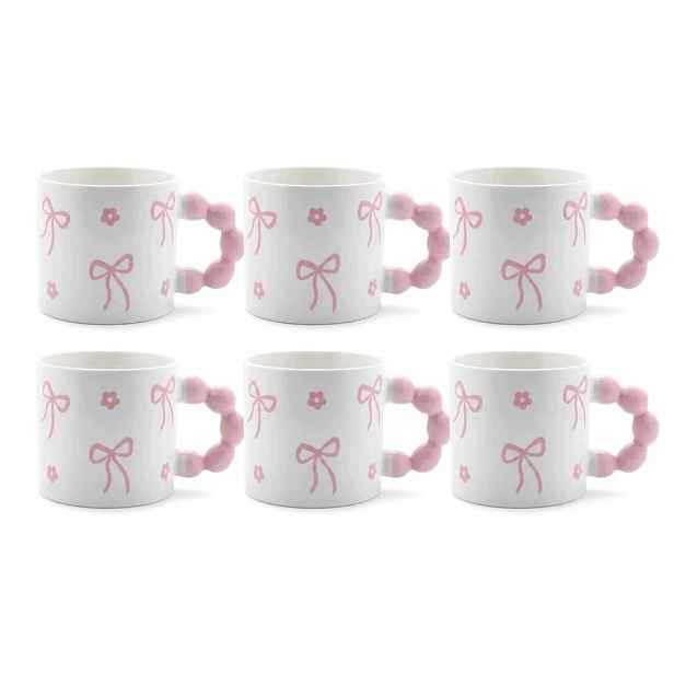 Sada hrnků na čaj 6 ks porcelánové 360 ml s ozdobným uchem, růžové