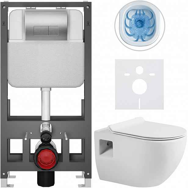 Kompletní WC set Basic/Dure - bílá lesklá - WC tlačítko Modulo/Stříbrná - volně stojící - předstěnová instalace - 51x35 cm