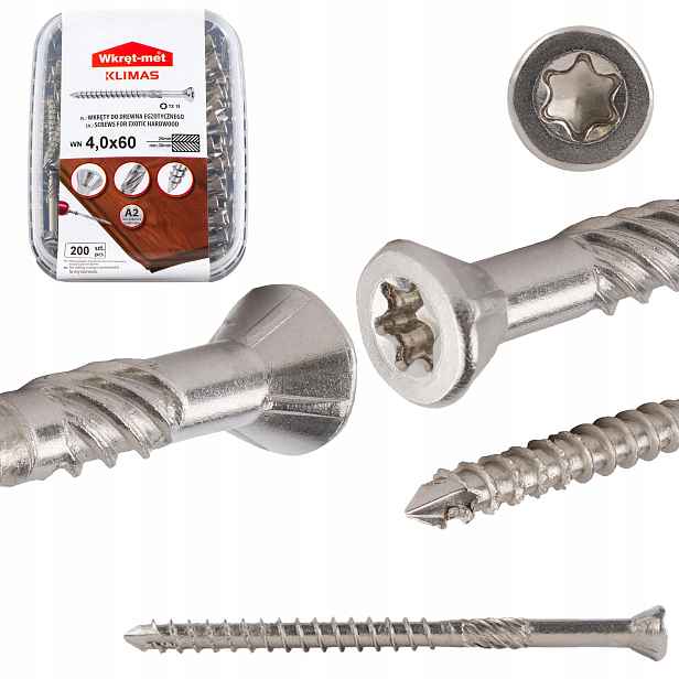 Nerezové vruty do dřeva 4x60 mm 200 ks terasové Torx A2 Klimas Wn
