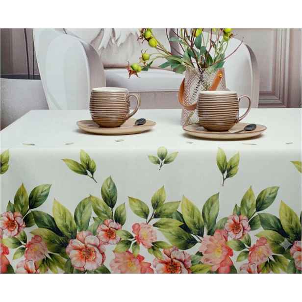 Ubrus Odolný Proti Skvrnám, Bílý, 160 X 340 CM, S Květinami Na Bocích