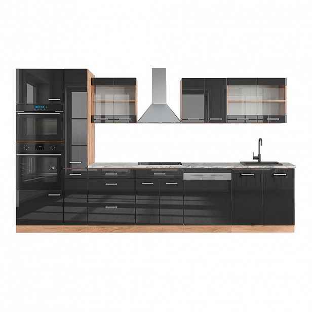 Vicco KUCHYŇSKÝ KOUT R-Line Antracitový vysoký lesk/zlatý dub power 350 cm s vysokou skříní, PD Mramor