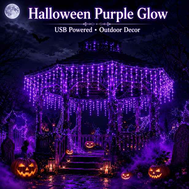 TEMU Venkovní halloweenské dekorace 194/104/47LED fialové USB ledové řetězy, 8 režimů, vánoční dekorace třpytivé pohádkové světlo, světla na vánoční