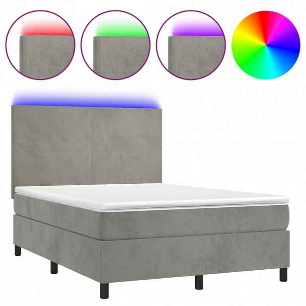 vidaXL Box spring postel s matrací a LED světle šedá 140x190 cm samet