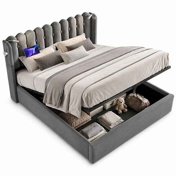 CHICFURN ČALOUNĚNÁ POSTEL 140/200 cm v šedé barvě se sametem, úložným prostorem, čtecím světlem a USB