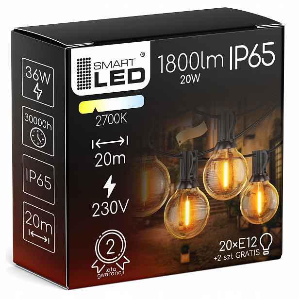 Zahradní světelná girlanda 20M 20X Led žárovka 1W Řetěz dárek 2X E12