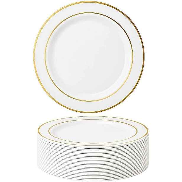 25 Bílých Plastových Talířků 26 CM Se Zlatým Okrajem, Elegantní
