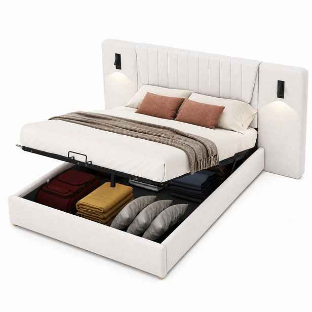 CHICFURN ČALOUNĚNÁ POSTEL 180/200 cm v béžové barvě s úložným prostorem, lampičkami a USB