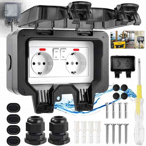 Dvojitá Venkovní Elektrická Zahradní Zásuvka Vodotěsná 220-250V IP66