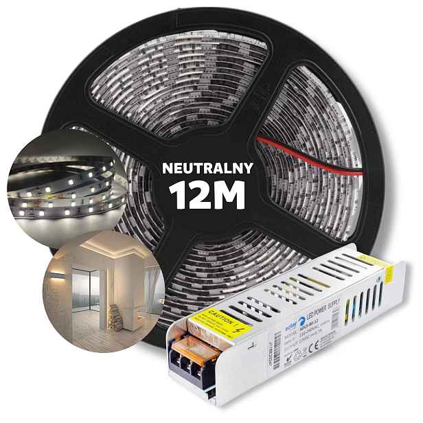 Set 12 m Led pásek Smd bílý neutrální s napájecím zdrojem 12 V
