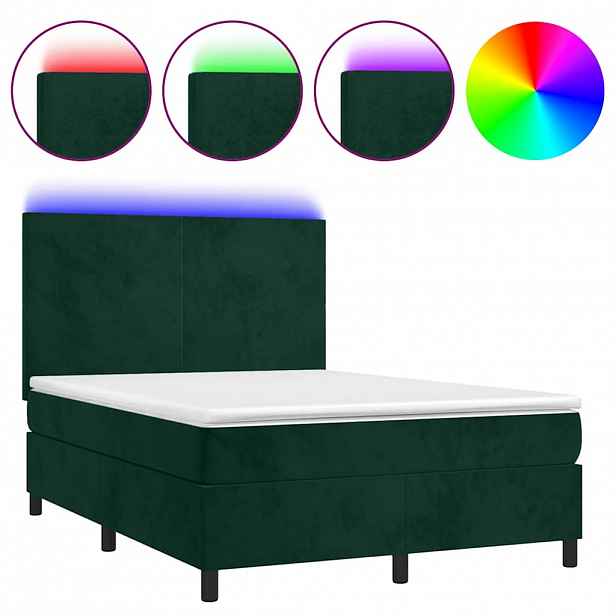 vidaXL Box spring postel s matrací a LED tmavě zelená 140x190 cm samet