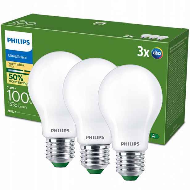 Led žárovka E27 Philips 7.3W 100W 1535lm 210lm/W 2700K Teplá Třída A 3 ks