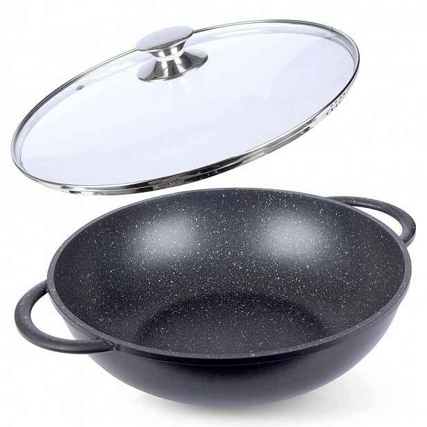 Granitová pánev wok 32 cm se skleněnou poklicí na smažení