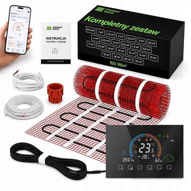 Topná podložka pod dlaždice 150 W/m2 0,5 m2 Wifi Termostat Celý set