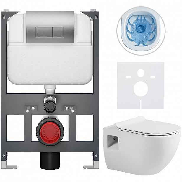 Kompletní WC set Basic/Dure - bílá lesklá - WC tlačítko Modulo/Stříbrná - závěsné - nízký modul - předstěnová instalace - 51x35 cm