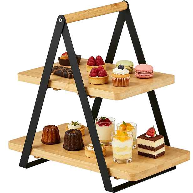 Podnos Bambusová 2-patrová kovová stojan na koláče Sušenky Ovoce Snacky