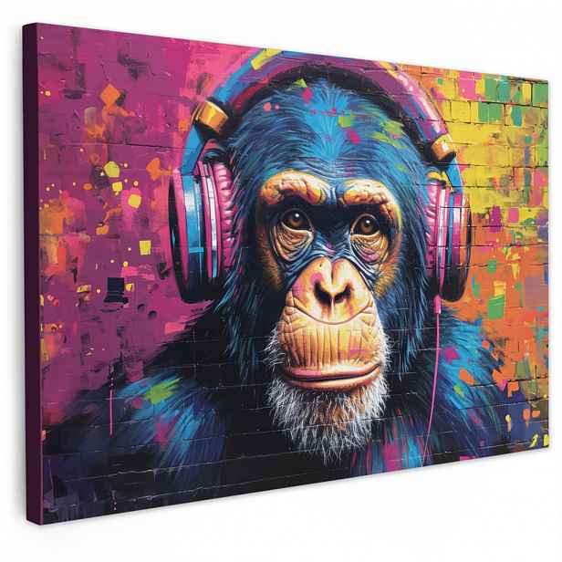 MuchoWow OBRAZ NA PLÁTNĚ Graffiti - Šimpanz - Street art - Sluchátka - Opice 120x80 cm