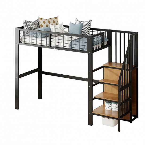 CHICFURN VYSOKÁ POSTEL 90/200 cm v černé barvě se žebříkem, policí a skříní