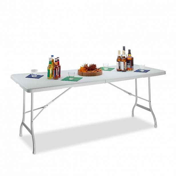 Relaxdays STŮL bílý zahradní skládací ratanový vzhled plast 178x74 cm