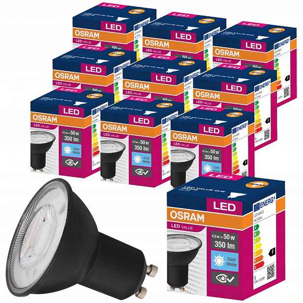 10x Led žárovka GU10 4,5W 50W 6500K Černá Osram