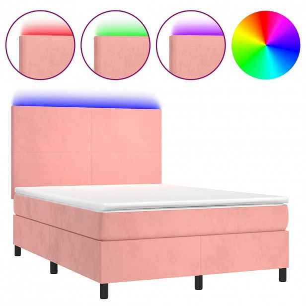vidaXL Box spring postel s matrací a LED růžová 140x200 cm samet