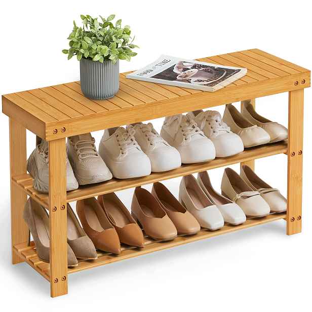 Songmics Bambusová lavice na boty 3 úrovně 130 kg 90 x 28,7 x 45,3 cm Žlutá