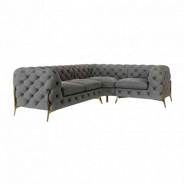 S-Style CHESTERFIELD ROHOVÁ SEDAČKA Lexi v šedé se zlatými nohami - otomán vpravo